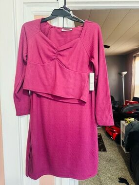 No Boundaries Pink Ribbed Long Sleeve Midi Dress